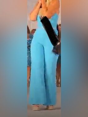 New York & Company Sky Blue Halter Jumpsuit with Beaded Waist